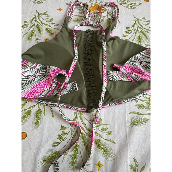 Time & Tru High Neck BikiniTop Strappy Back Pink & Green Tribal Print Size 3X - Picture 2 of 6